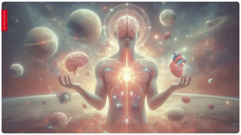 a man with brain and many objects around his body